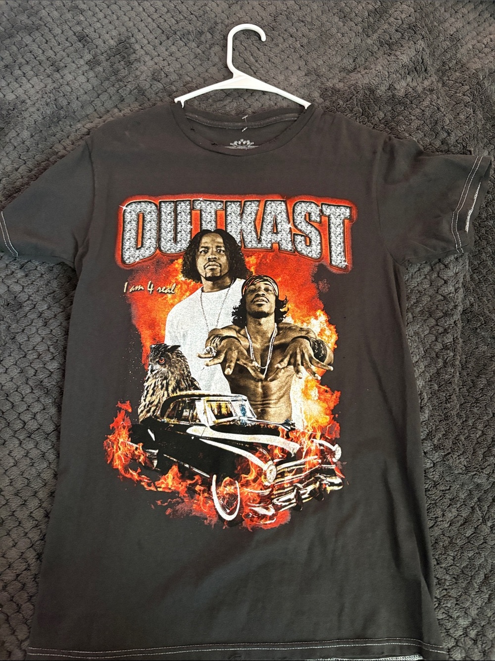 Fashion Nova Black OutKast Graphic Tee with Red-Orange Flame Print